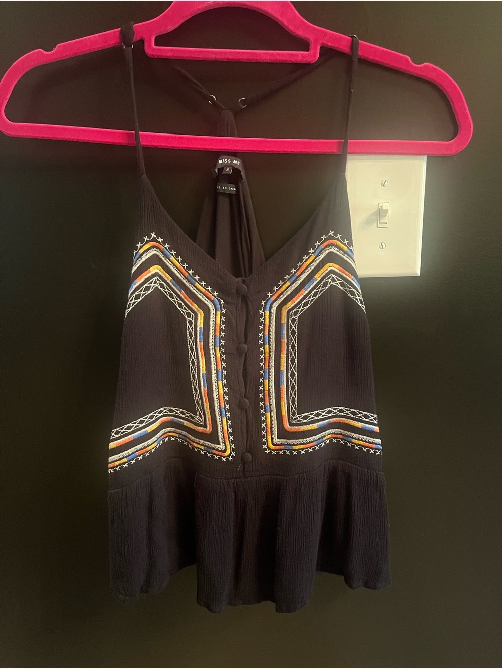 Miss Me Black Spaghetti Strap Embroidered V-Neck Tank with Multicolor Accents